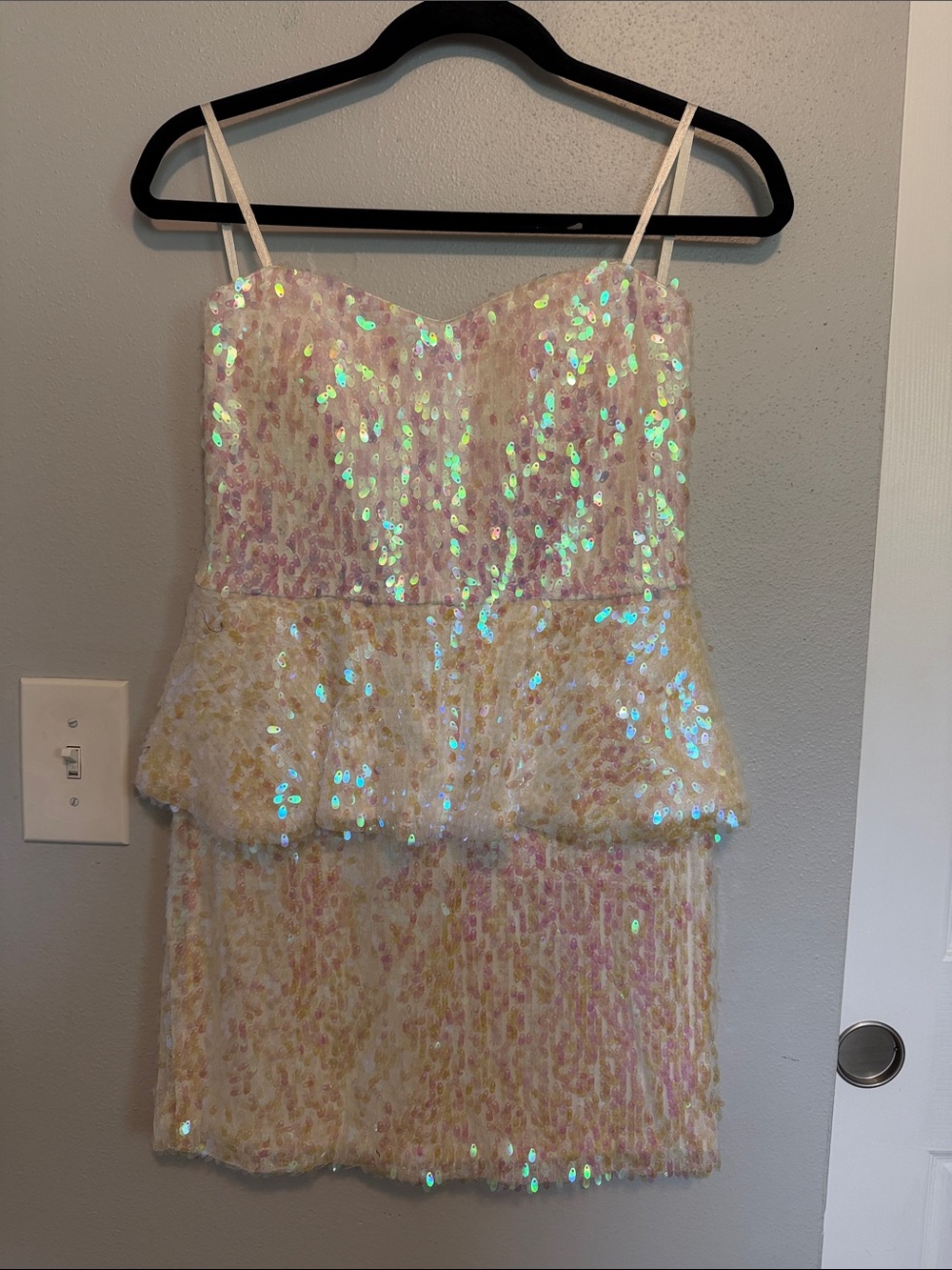 Strapless Iridescent Sequin Peplum Dress - White/Pink
